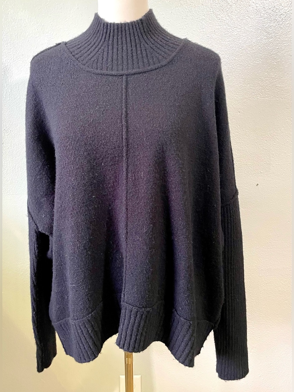 Maeve Jet Black Wool Blend Mock Neck Oversized Ribbed Knit Sweater XL Anthro Lux